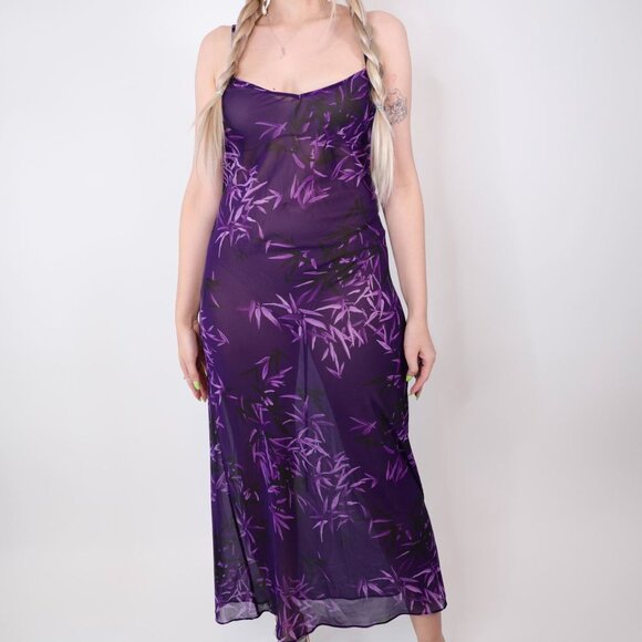 CALVIN KLEIN PURPLE BAMBOO LEAVES SHEER NIGHTGOWN - Picture 3 of 6